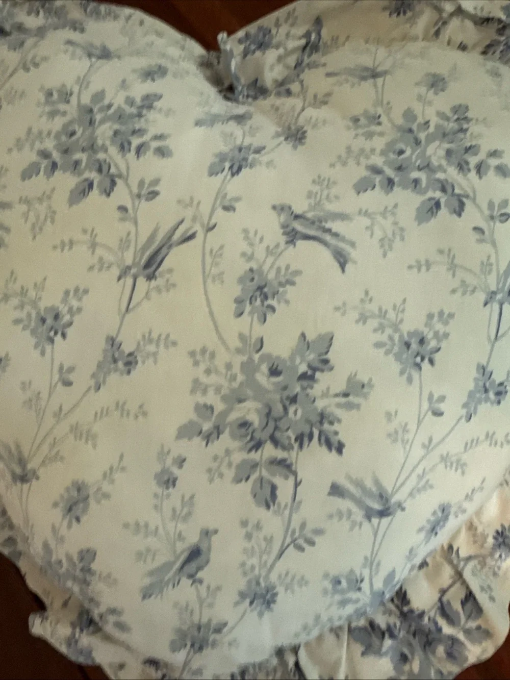 Rachel Ashwell Shabby Chic Heart Pillow Cream And Blue Floral & Birds Ruffle